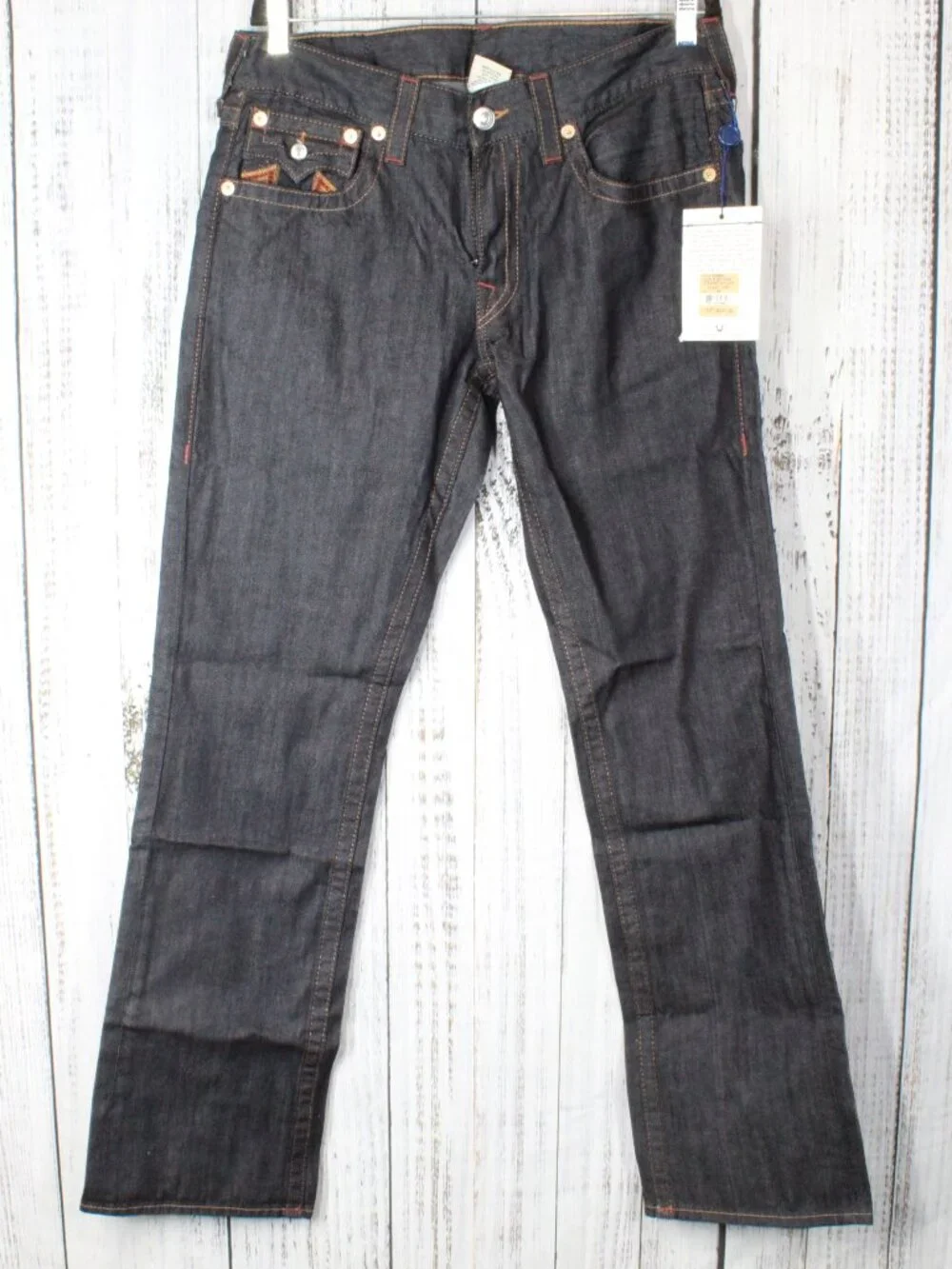 NWT True Religion Straight Leg Flap Jeans Sunset Logo Orange Red Stitch 33